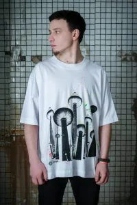 Unisex organinės medvilnės marškinėliai su šilkografijos spauda „TeleGrybas white“