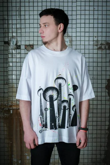 Unisex organinės medvilnės marškinėliai su šilkografijos spauda „TeleGrybas white“